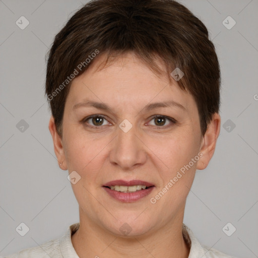 Joyful white young-adult female with short  brown hair and brown eyes