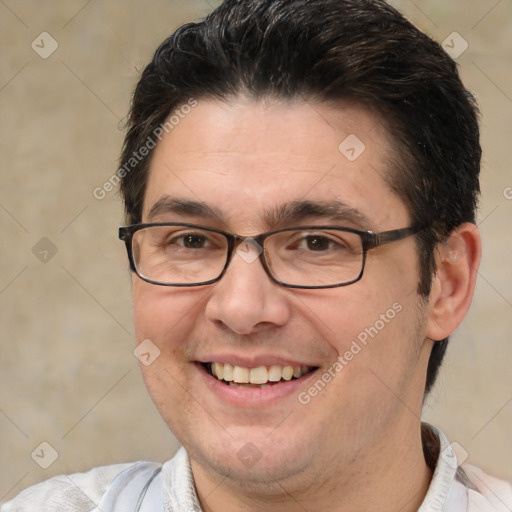 Joyful white adult male with short  brown hair and brown eyes