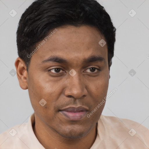 Joyful latino young-adult male with short  brown hair and brown eyes