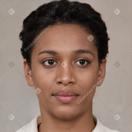 Neutral black young-adult female with short  black hair and brown eyes