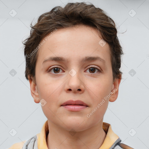 Neutral white young-adult female with short  brown hair and brown eyes