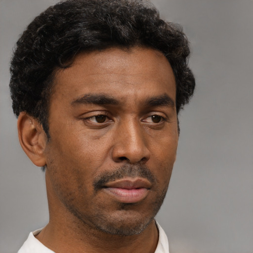 Neutral black adult male with short  brown hair and brown eyes
