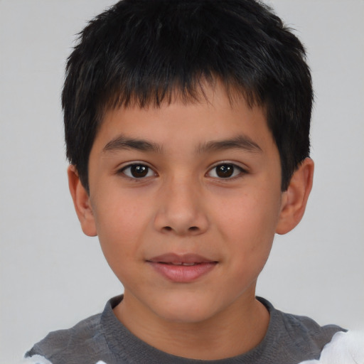 Joyful asian child male with short  brown hair and brown eyes