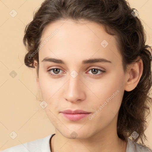 Neutral white young-adult female with medium  brown hair and brown eyes