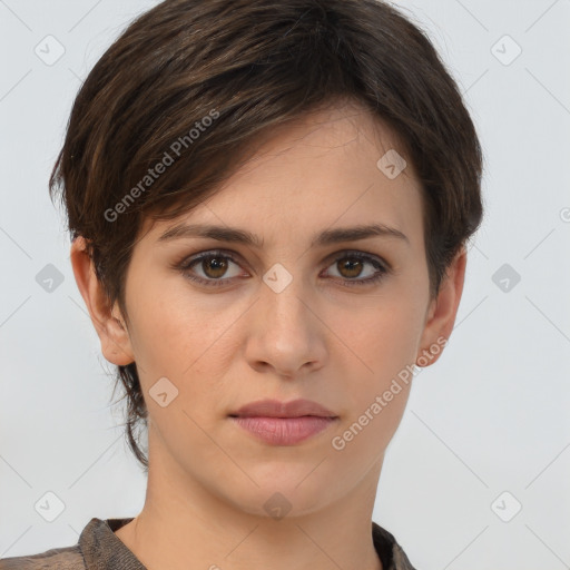 Neutral white young-adult female with short  brown hair and brown eyes