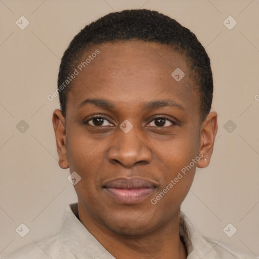 Joyful black young-adult female with short  black hair and brown eyes