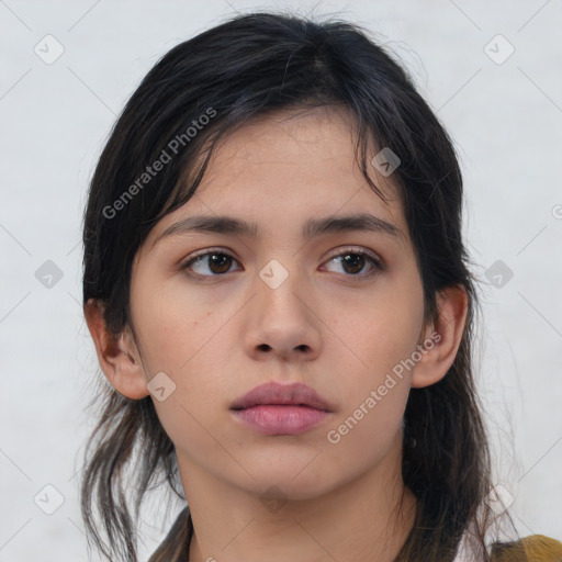 Neutral asian young-adult female with medium  brown hair and brown eyes