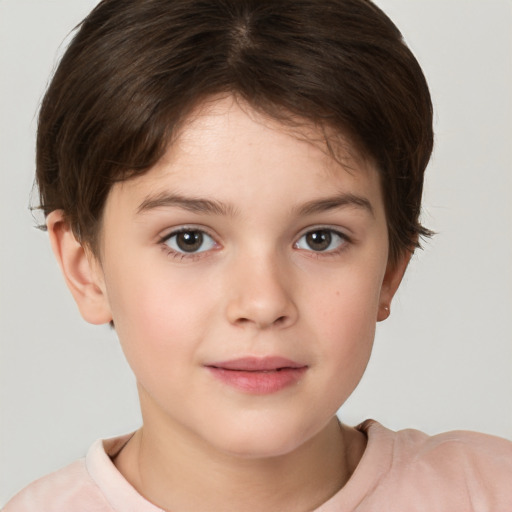 Joyful white child female with short  brown hair and brown eyes