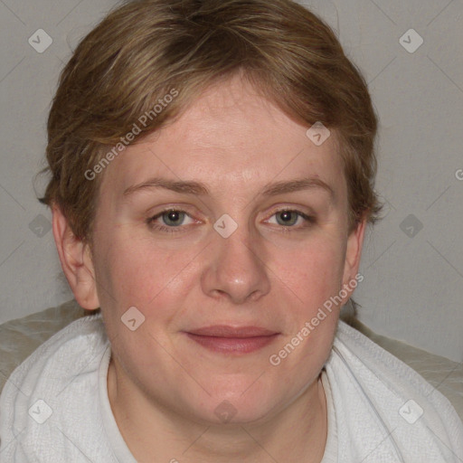 Joyful white adult female with medium  brown hair and blue eyes