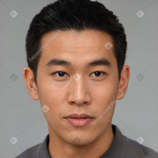 Neutral asian young-adult male with short  black hair and brown eyes