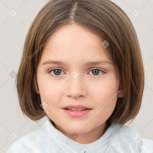 Joyful white child female with medium  brown hair and brown eyes