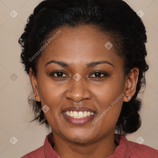 Joyful black young-adult female with medium  black hair and brown eyes