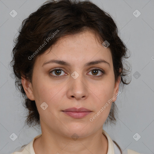 Neutral white young-adult female with medium  brown hair and brown eyes