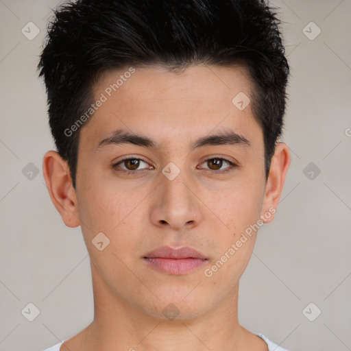 Neutral white young-adult male with short  brown hair and brown eyes