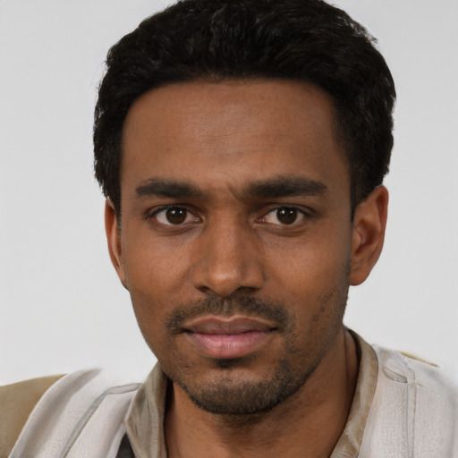 Neutral latino young-adult male with short  black hair and brown eyes