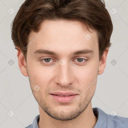 Neutral white young-adult male with short  brown hair and grey eyes