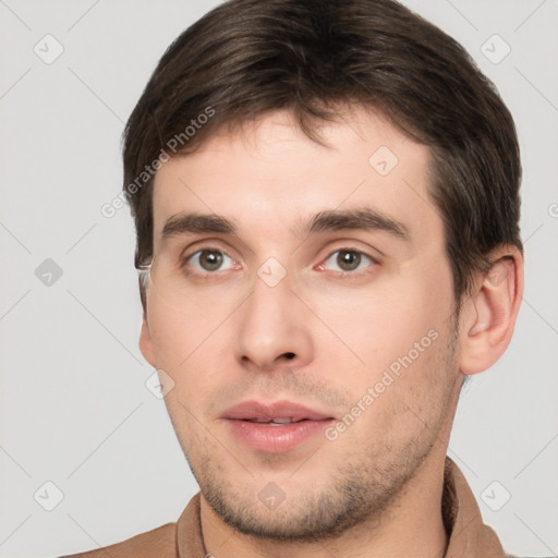 Neutral white young-adult male with short  brown hair and brown eyes