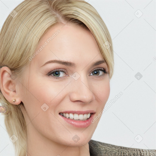 Joyful white young-adult female with medium  brown hair and blue eyes