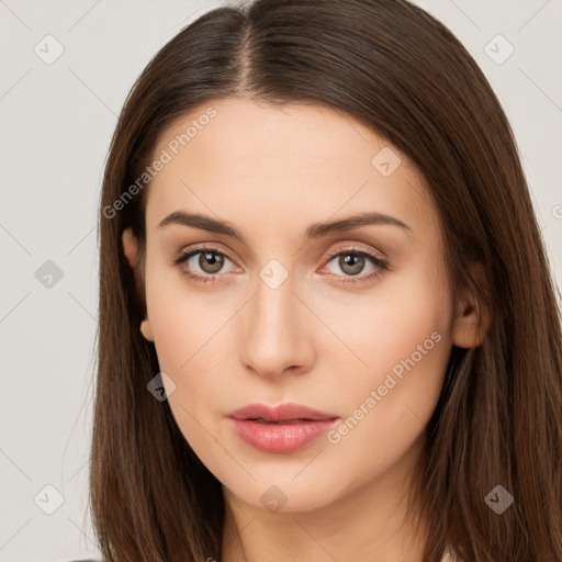 Neutral white young-adult female with long  brown hair and brown eyes