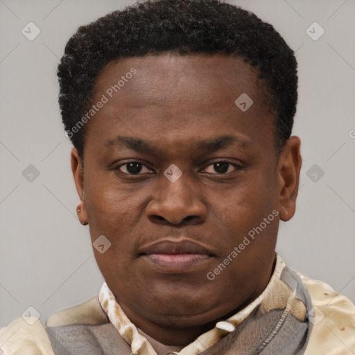 Joyful black young-adult male with short  brown hair and brown eyes