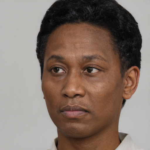 Neutral black adult male with short  black hair and brown eyes