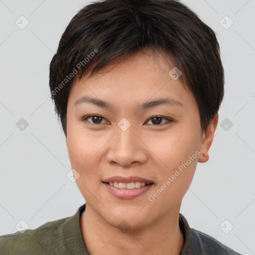 Joyful asian young-adult female with short  brown hair and brown eyes