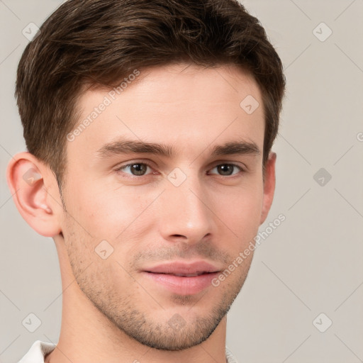 Neutral white young-adult male with short  brown hair and brown eyes