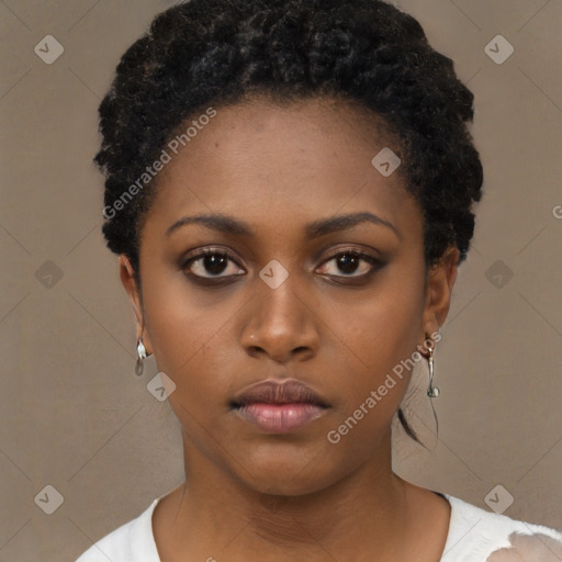 Neutral black young-adult female with short  black hair and brown eyes