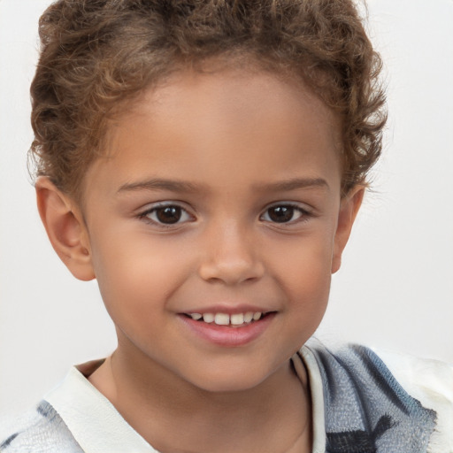 Joyful white child female with short  brown hair and brown eyes