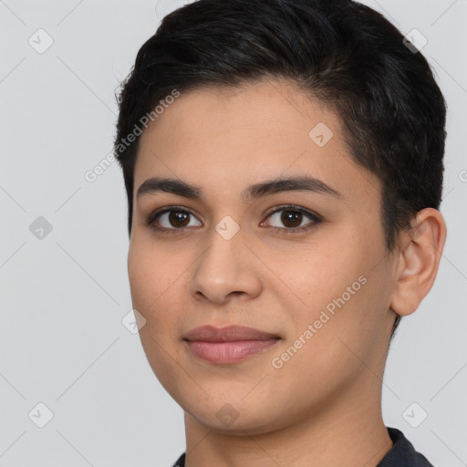 Joyful latino young-adult female with short  brown hair and brown eyes