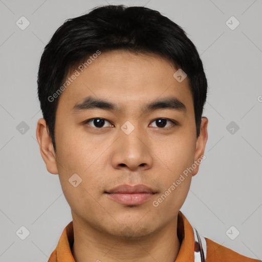 Neutral asian young-adult male with short  black hair and brown eyes