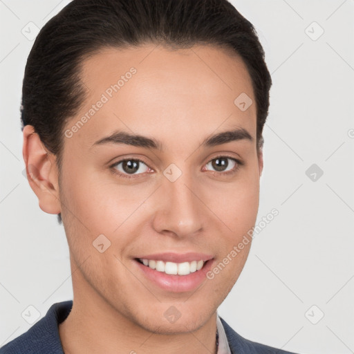 Joyful white young-adult female with short  brown hair and brown eyes