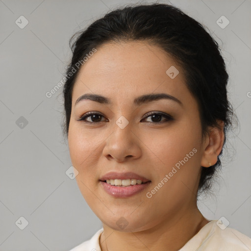 Joyful latino young-adult female with short  brown hair and brown eyes