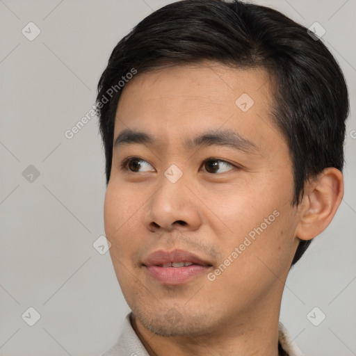 Neutral asian young-adult male with short  black hair and brown eyes