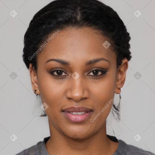 Joyful latino young-adult female with short  black hair and brown eyes