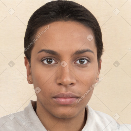 Neutral white young-adult female with short  brown hair and brown eyes