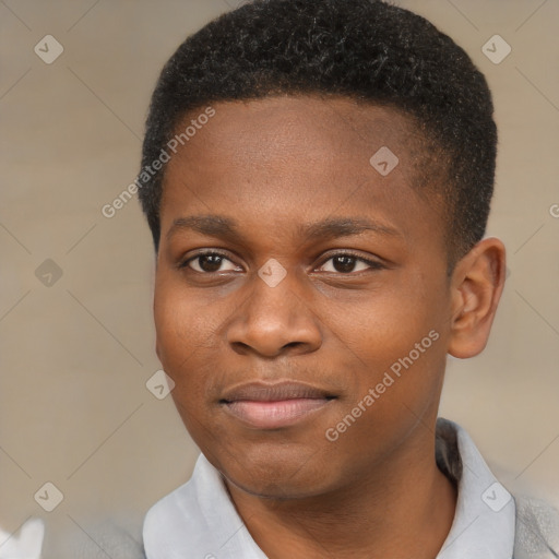 Joyful black young-adult male with short  brown hair and brown eyes