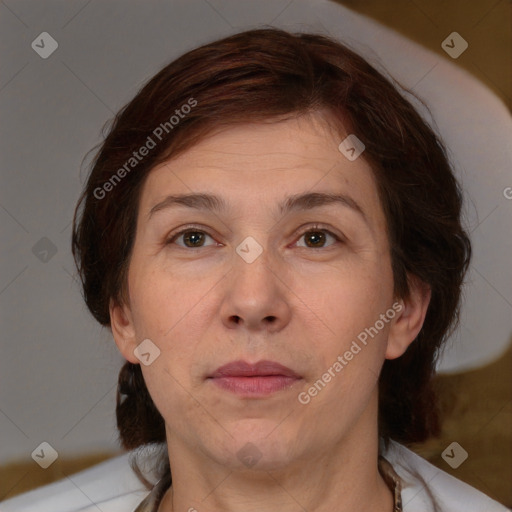 Neutral white adult female with medium  brown hair and brown eyes