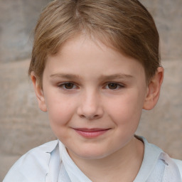 Joyful white child female with short  brown hair and brown eyes