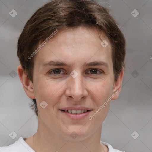 Joyful white young-adult female with short  brown hair and grey eyes