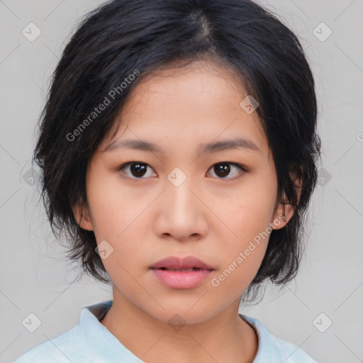 Neutral asian young-adult female with medium  black hair and brown eyes