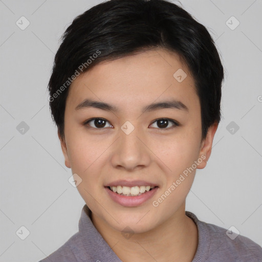 Joyful asian young-adult female with short  black hair and brown eyes