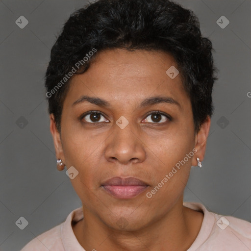 Neutral black young-adult female with short  black hair and brown eyes