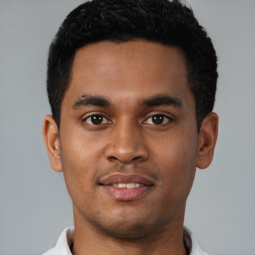 Neutral latino young-adult male with short  brown hair and brown eyes
