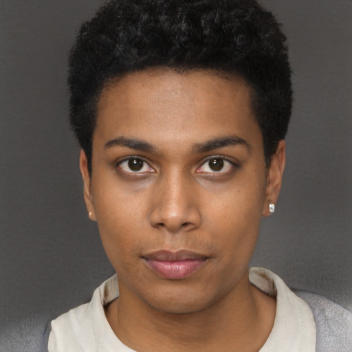 Neutral black young-adult male with short  black hair and brown eyes