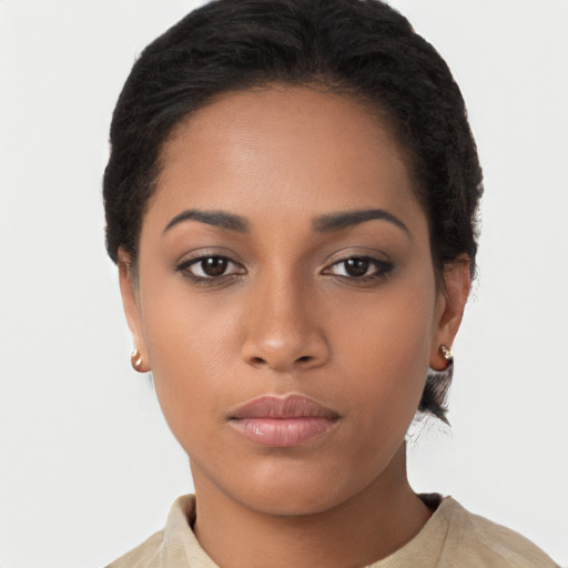 Neutral latino young-adult female with short  black hair and brown eyes