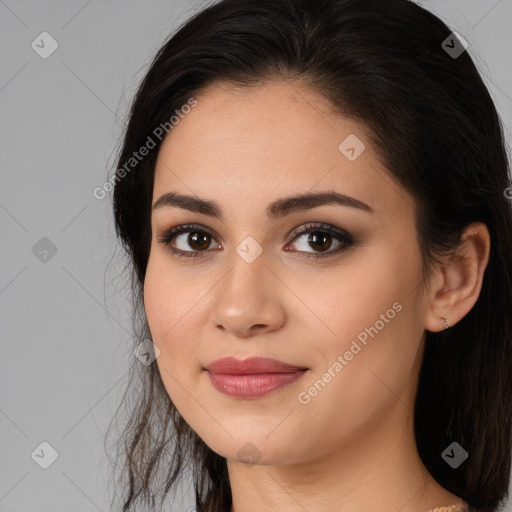 Joyful white young-adult female with medium  brown hair and brown eyes