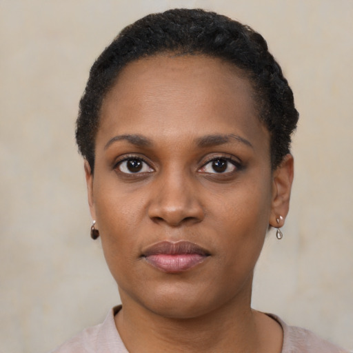 Neutral black young-adult female with short  black hair and brown eyes