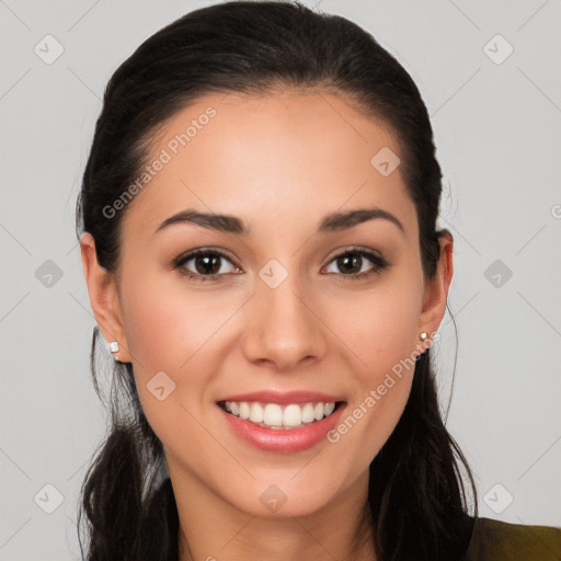 Joyful white young-adult female with long  brown hair and brown eyes