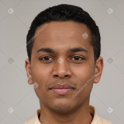 Neutral latino young-adult male with short  black hair and brown eyes